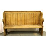 Small Victorian pitch pine pew, 158 x 42 x 106 cm H. Not available for in-house P&P, contact Paul
