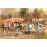 Segun Aiyesan; African market scene in pastel, framed and glazed. 92 x 71 cm. Not available for in-