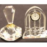 A Stuart Crystal clock signed to base and an Art Deco style scent bottle. P&P Group 3 (£25+VAT for