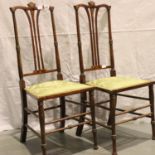 Pair of Edwardian inlaid mahogany bedroom chairs with upholstered seats, H: 100 cm. Not available