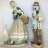 Two Lladro figurines, Goose Girl and Clown, H: 23 cm. P&P Group 2 (£18+VAT for the first lot and £