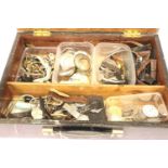 Large wooden briefcase containing wristwatch and pocket watch spares to include straps, cases and