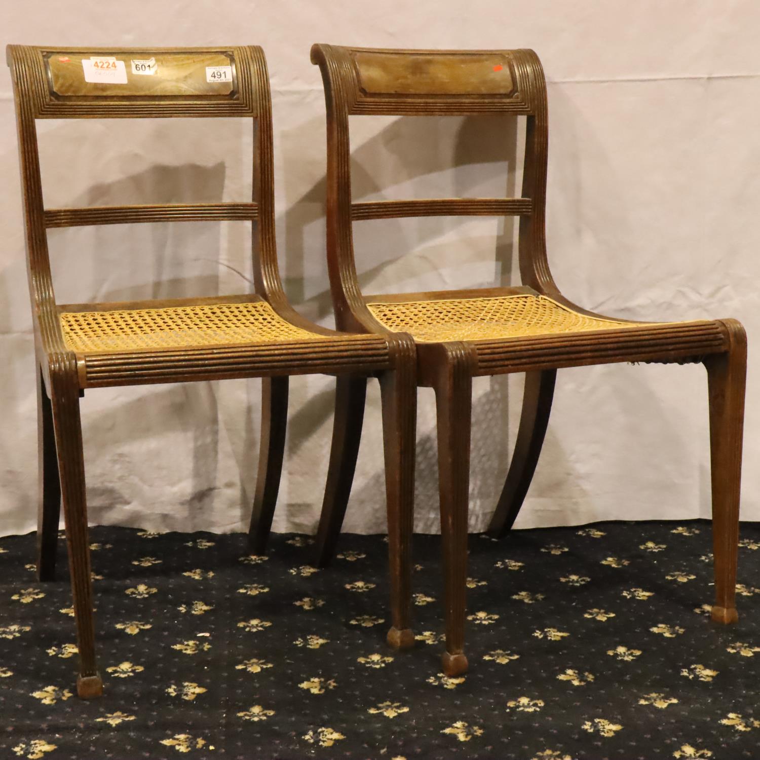 *** WITHDRAWN *** A pair of Regency period walnut framed chairs, each with bar-back