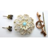 9ct gold horseshoe bar brooch, a white metal (Greek) filigree brooch and a pair of white metal and