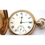 9ct gold Waltham full hunter pocket watch with 9ct dust cover, lacking glass, 84.7g. P&P Group 1 (£