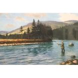 ROY NOCKOLDS, a large print, fly fishing, signed in pencil with gallery blind stamp, 55 x 75 cm. Not