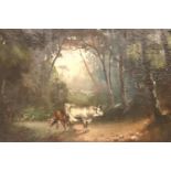 Large unattributed antique oil on canvas, Cattle in a Clearing, signed lower right, 90 x 140 cm. Not