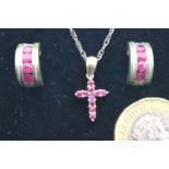 925 silver ruby cross chain and earrings. P&P Group 1 (£14+VAT for the first lot and £1+VAT for