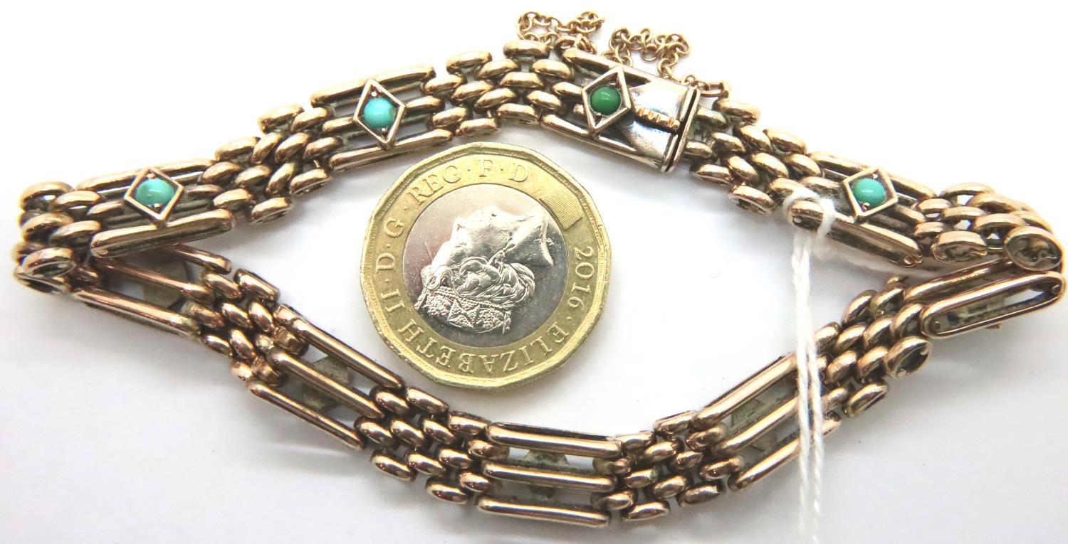 Edwardian 9ct rose gold turquoise set gate bracelet, L: 19 cm , 15.8g. P&P Group 1 (£14+VAT for - Image 3 of 5