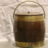 Coopered oak barrel with brass fittings and steel liner, H: 32 cm. Not available for in-house P&P,