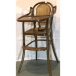 Victorian high chair with rattan back and seat, H: 97 cm. Not available for in-house P&P, contact