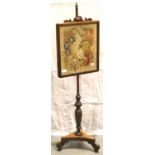 Walnut pole screen with embroidered floral panel, H: 142 cm. Not available for in-house P&P, contact