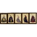 Set of five Edwardian framed mixed media portraits of ladies in period dress, each 37 x 56 cm