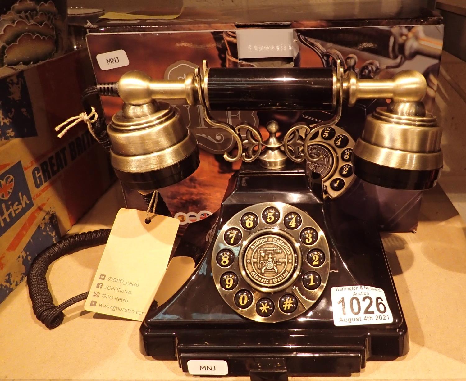 GPO Duke, push button telephone with a black & brass finish and cloth, handset curly cord,