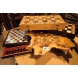 Four chess sets, with boards (unchecked). Not available for in-house P&P, contact Paul O'Hea at