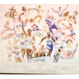 Large framed and glazed picture of former Olympic athletes, signed by Daley Thompson, Sally