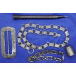White metal buckle, thimble, propelling pencil, necklace and a bracelet marked 825. P&P Group 1 (£