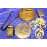 Mixed lot comprising two vestas and silver tongs, two compacts and a carved necklace pendant. P&P