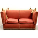 1920s upholstered Knole End settee, 195 x 85 x 100 cm H. Not available for in-house P&P, contact