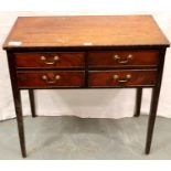 George III inlaid walnut four drawer side table raised on tapering supports, 89 x 50 x 80 cm H.