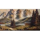 Large oil on canvas of an Alpine scene in gilt frame, indistinctly signed, 100 x 50 cm. Not