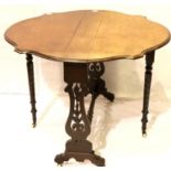 Victorian mahogany scalloped edge drop leaf table with a pierced support and turned stretcher, 100 x