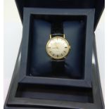 Avia; gents 9ct gold mechanical wristwatch with champagne dial, black leather strap in original box,