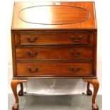 Walnut fitted bureau on cabriole legs with ball and claw feet, 44 x 76 cm. No key. Not available for