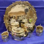 Four piece silver plated tea set on a plated tray. Not available for in-house P&P, contact Paul O'