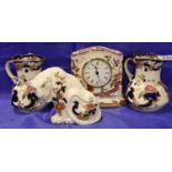 Masons Ironstone, two jugs a clock and a cat. P&P Group 3 (£25+VAT for the first lot and £5+VAT