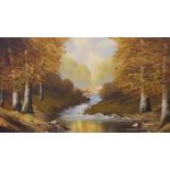 Oil on canvas of river woodland scene, signed ot bottom left, 80 x 40 cm Not available for in-