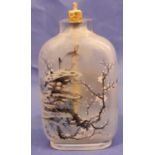 19th century Chinese glass snuff bottle, signed, H: 62mm, good colour, 7mm chip to rim, no further