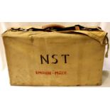 Large leather tan suitcase 1945-1946 with green lining and canvas cover, 70 x 40 x 23 cm. Not