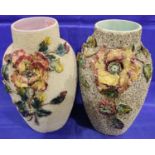 Pair of large Thomas Forester encrusted vases, slight damage to petals, H: 32 cm. Not available