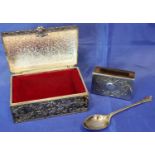 Silver plate trinket box, a Saville and Co matchbox holder and a hallmarked silver teaspoon. P&P