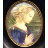 Miniature hand painted young lady in 17/18th century clothing, framed and glazed. P&P Group 3 (£25+