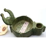 Rare 6th Century Byzantine period bronze oil lamp with Museum label, L: 11 cm. P&P Group 1 (£14+