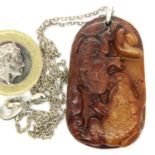 925 silver Oriental carved fob stone, pendant L: 5 cm. P&P Group 1 (£14+VAT for the first lot and £