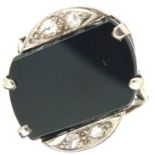 Art Deco period 18ct white gold onyx and diamond set cocktail ring, size Q, 4.9g. P&P Group 1 (£14+