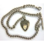 Hallmarked silver gents double Albert wristwatch chain, with T-bar, lobster clip and shield fob,