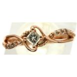 14ct rose gold diamond set solitaire ring with cushion cut stone and diamond shoulders, size N, 2.