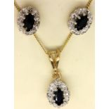 9ct gold sapphire and diamond necklace and earring set. Necklace L: 44 cm, combined 3.5g. P&P