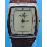 Skagen; ladies wristwatch with mother of pearl dial on leather strap, boxed. P&P Group 1 (£14+VAT