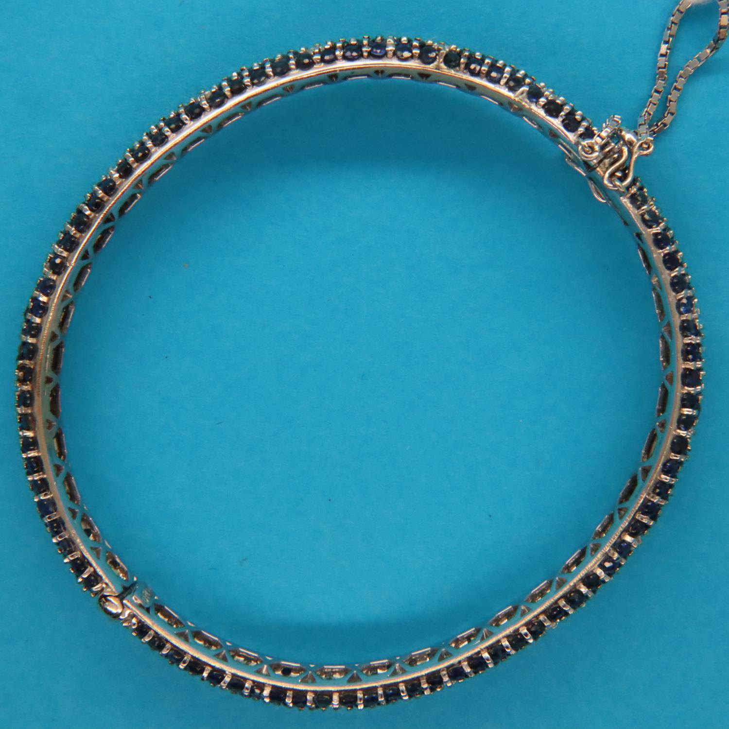 18ct white gold sapphire and diamond set snap bangle with guard chain, 65 x 60 mm, 23.8g. P&P - Image 9 of 9