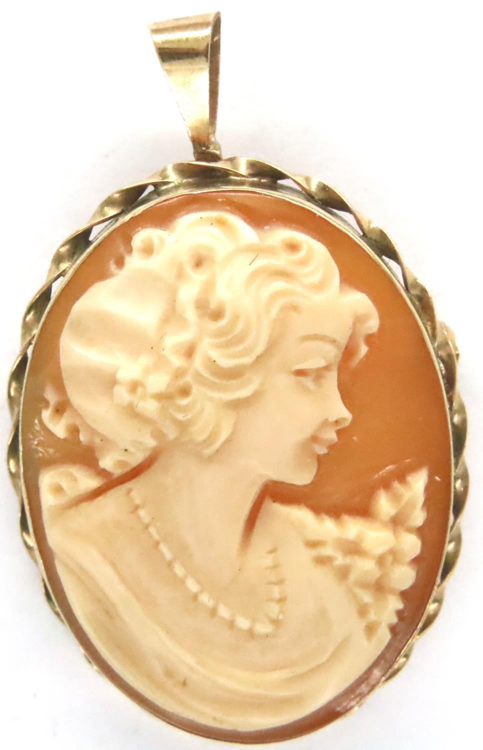 9ct gold bound cameo brooch/pendant, L: 3.5 cm, 4.9g. P&P Group 1 (£14+VAT for the first lot and £