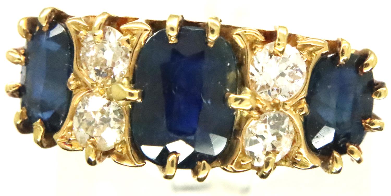 Victorian 18ct gold sapphire and diamond set ring, Chester assay, size K/L, 4.0g. Shank slightly off
