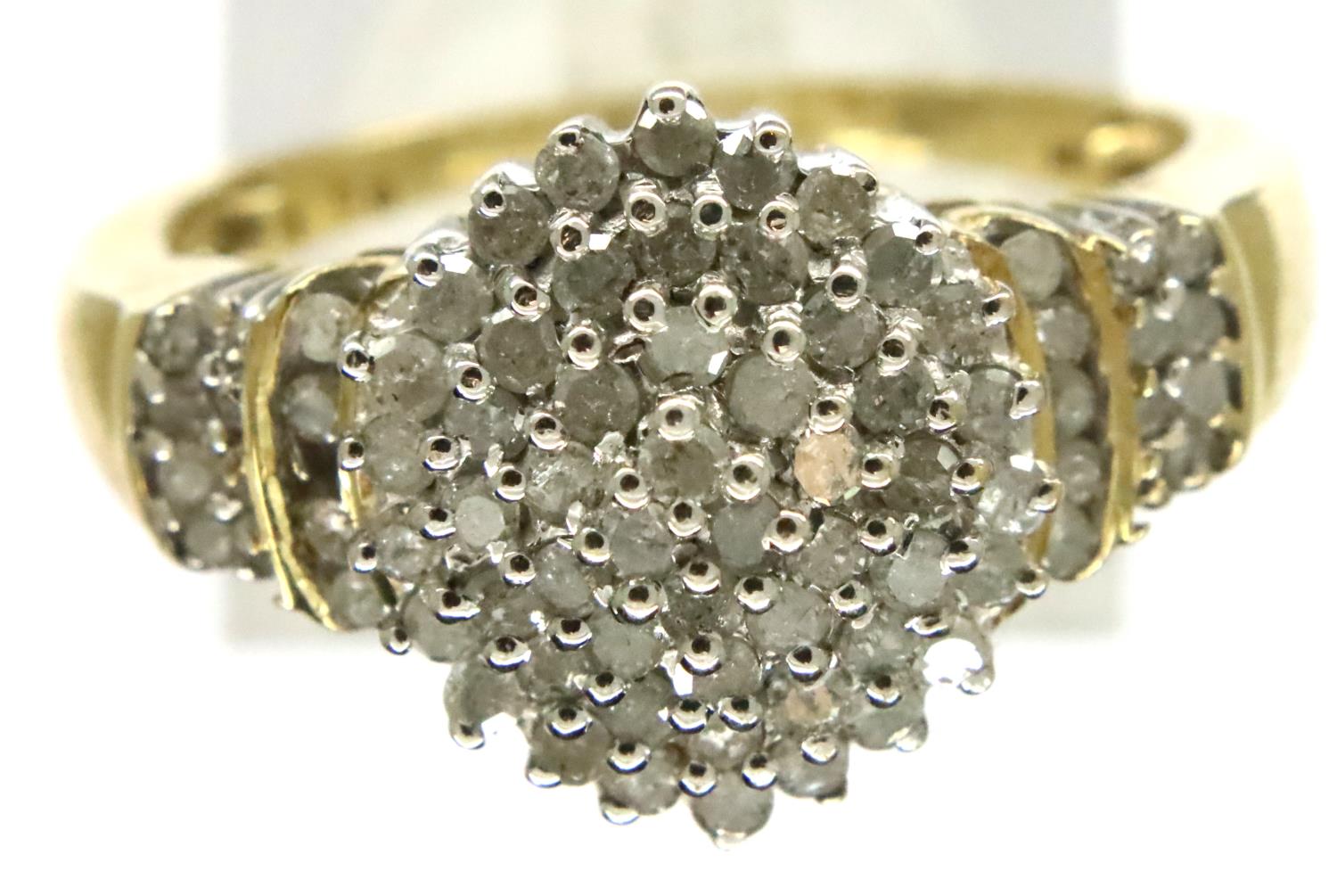 9ct gold diamond cluster dress ring with diamond shoulders, size V/W, 4.5g. P&P Group 1 (£14+VAT for