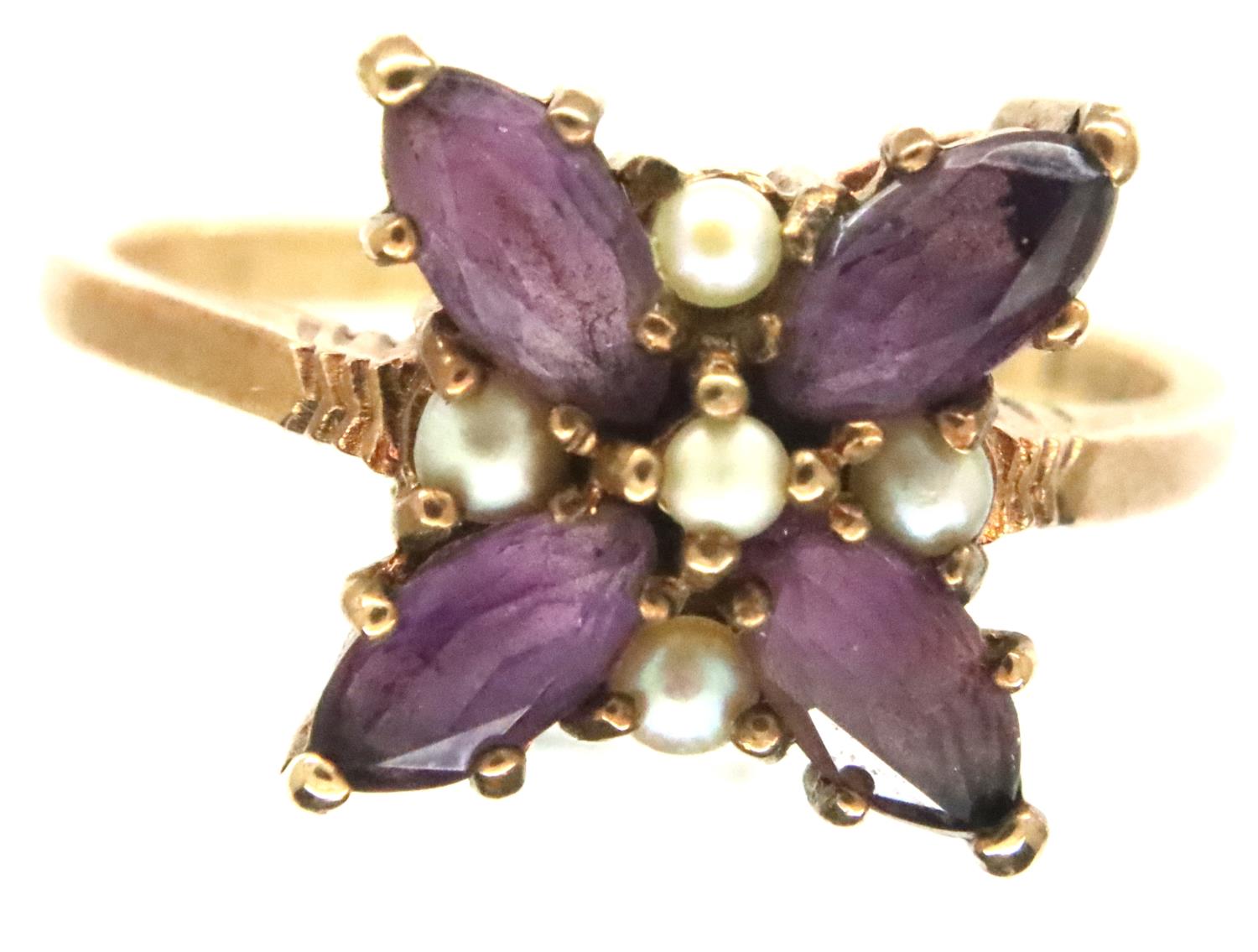 9ct gold pearl and amethyst set ring, size N, 2.7g. Good used order, shank not misshapen, would