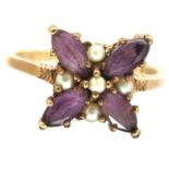 9ct gold pearl and amethyst set ring, size N, 2.7g. Good used order, shank not misshapen, would