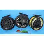 Three fly reels including Greys GRX 1516 in a Greys bag. P&P Group 2 (£18+VAT for the first lot